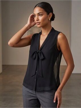 Color Story Sleeveless Tie-Neck Blouse in Black Size Small